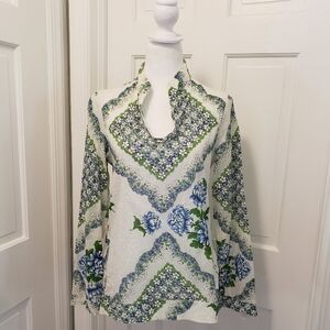 Tory Burch Floral Tunic Top Blue White  Cotton Long Sleeve Blouse Size 2=Small